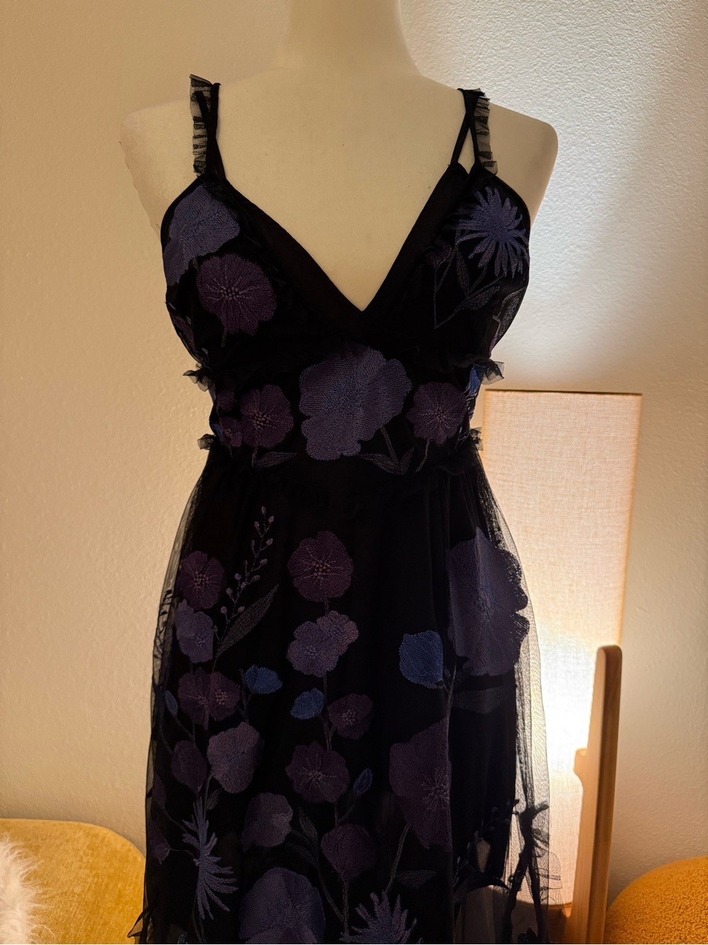 For Love & Lemons Black Maxi Dress with Purple Floral Embroidery - Picture 4 of 9